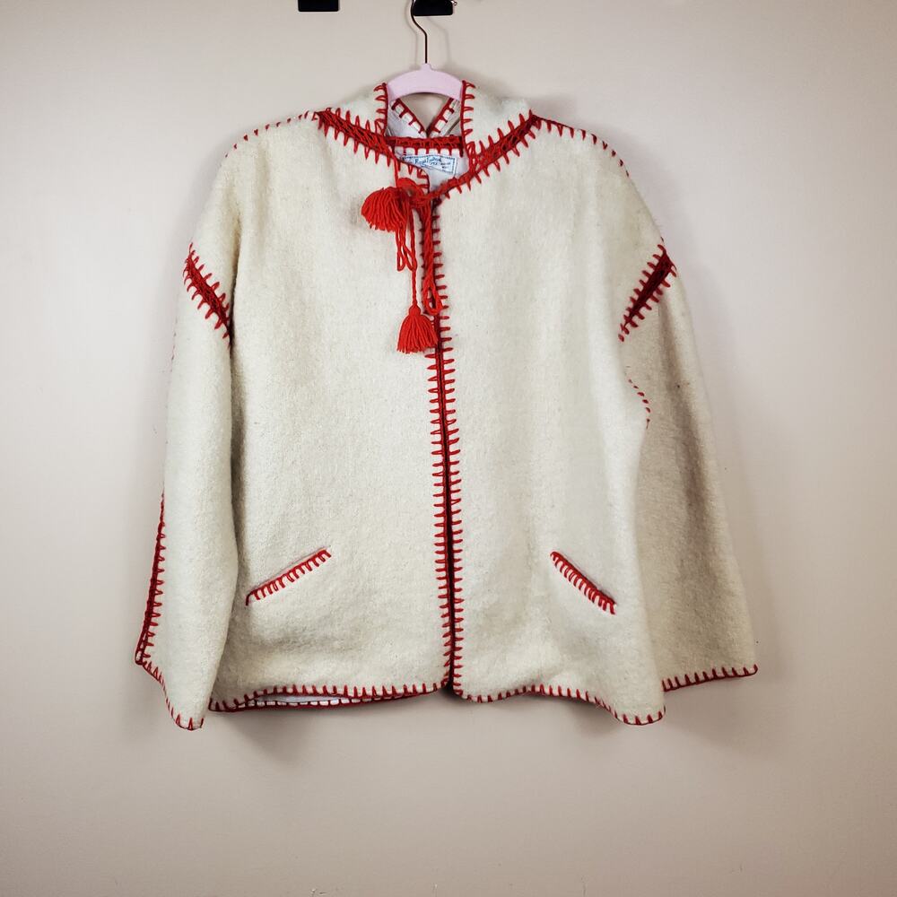 Vintage Merino Wool Stitched Poncho with Hood OS
